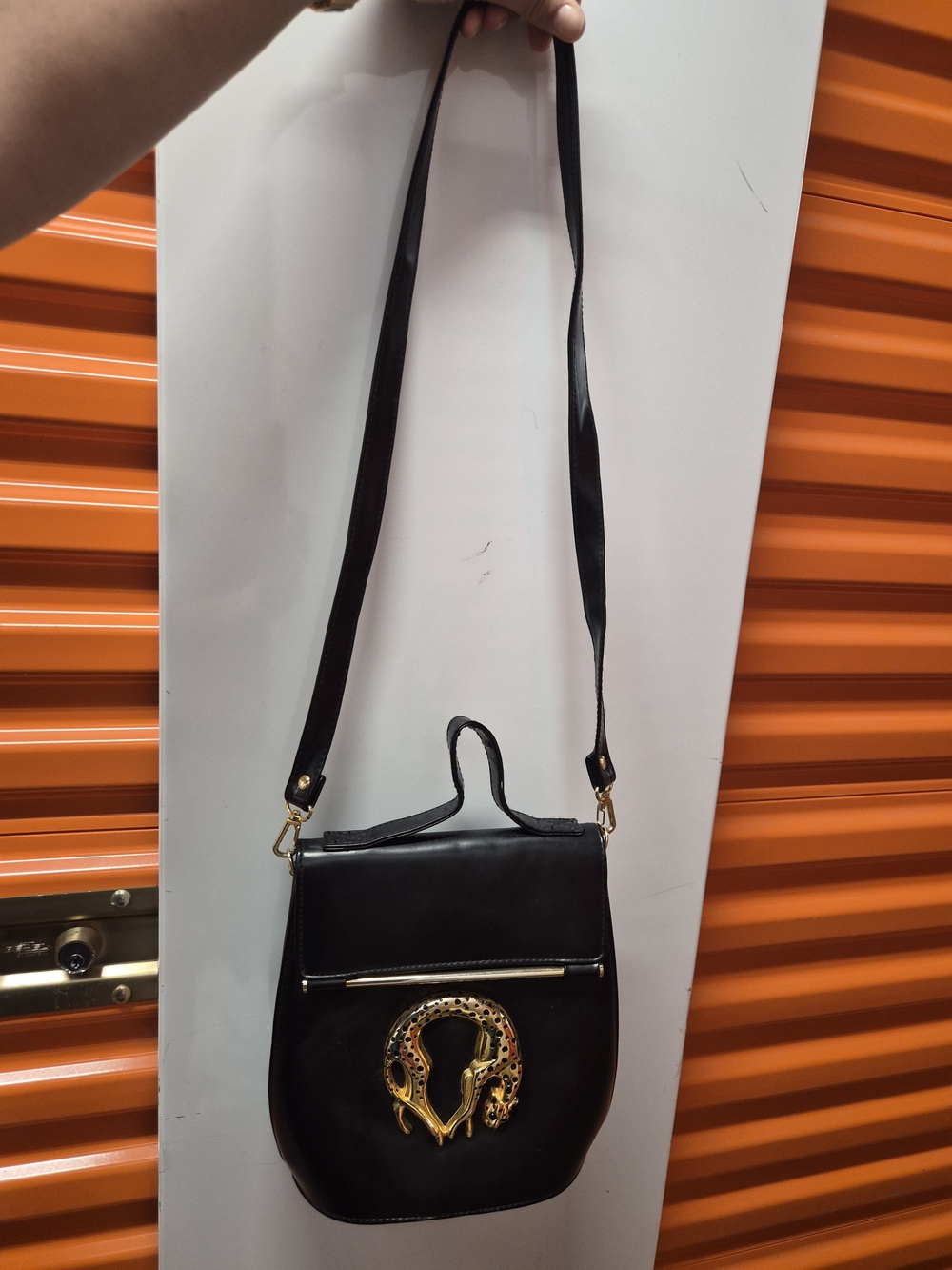 Vintage Black Crossbody Bag with Gold Jaguar Accent - Picture 2 of 5